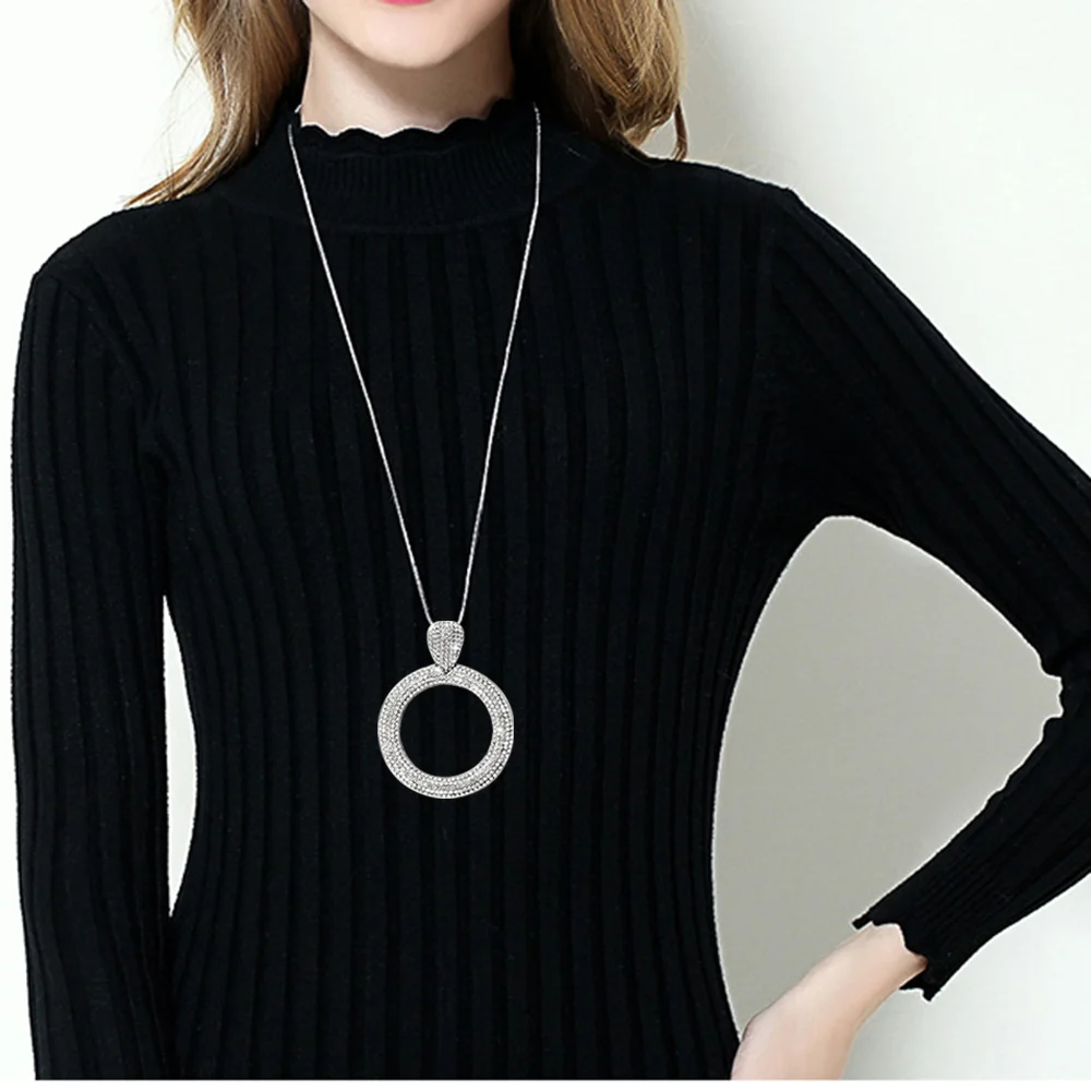 

Блестящее Ожерелье Стразы с круглым кулоном, блестящее женское элегантное длинное ожерелье из сплава с цепочкой на свитер, женские ювелирн...