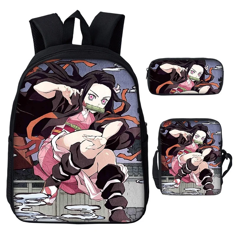 3 Piece Demon Slayer Nezuko Tanjirou Children Shoulder Bags New Girls Boys Fashion Anime Student Backpacks New Kids Cute Pen Bag