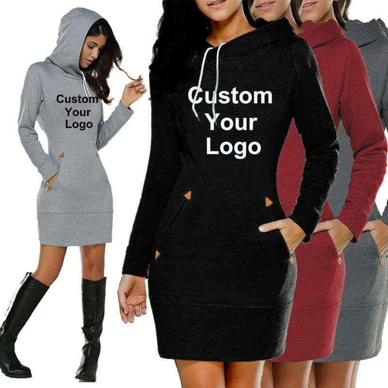 

Custom Your Logo Autumn Women Hooded Dress Baggy Pullover Sweatshirt Long Dress Fashion Female Solid Hoodie Dress Streetwear