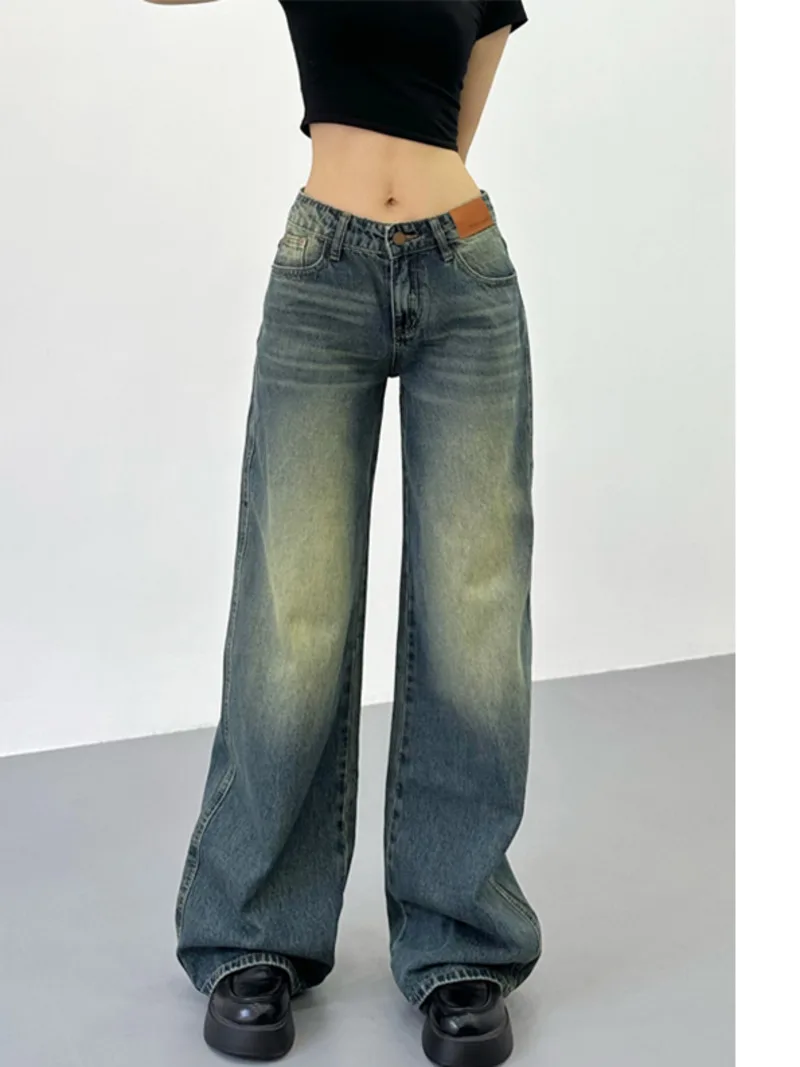 

TVVOVVIN, Новинка осени 2023, американские женские широкие брюки с низкой талией в стиле ретро, прямые джинсы, потертые синие брюки T02U