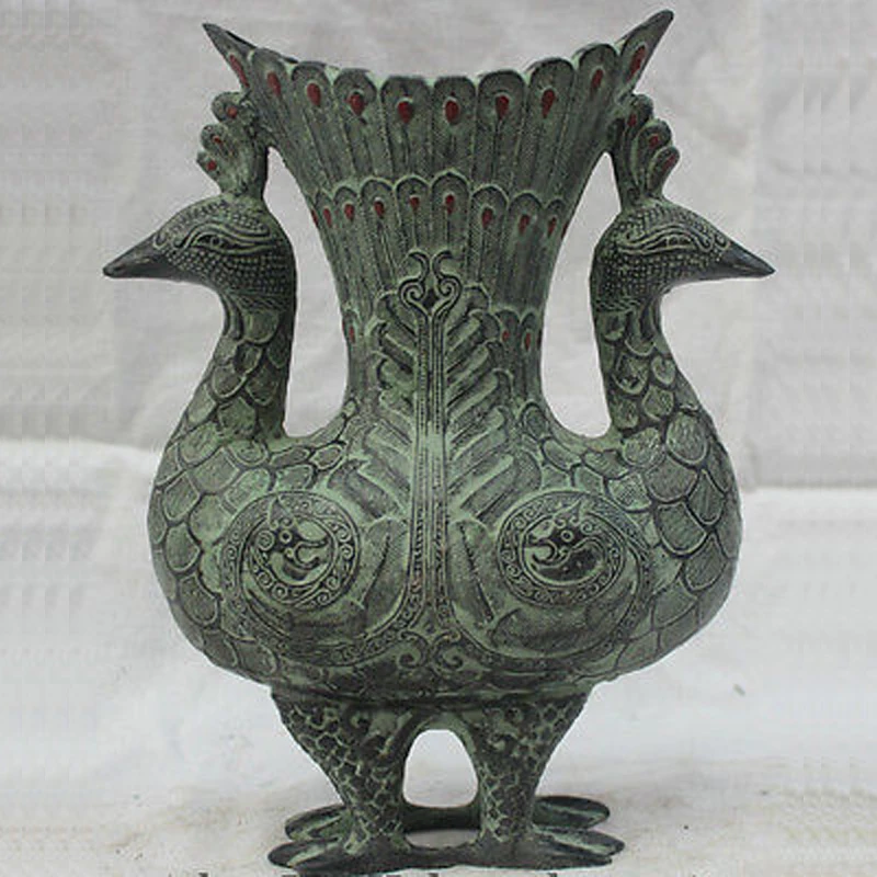 

8" Elaborate Chinese Archaistic Folk Bronze Two Peacocks Bottle Vase