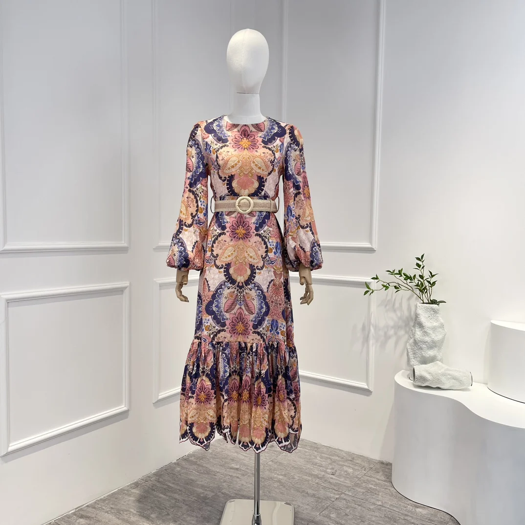 

2023 Top Quality Linen Pink Floral Printing Vintage Midi Dress Women