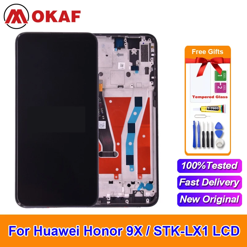 

OKANFU Original 6.59" For Huawei Honor 9X Global Premium LCD Display Touch Screen 10 touch Digitizer Assembly Frame STK-LX1 lcd