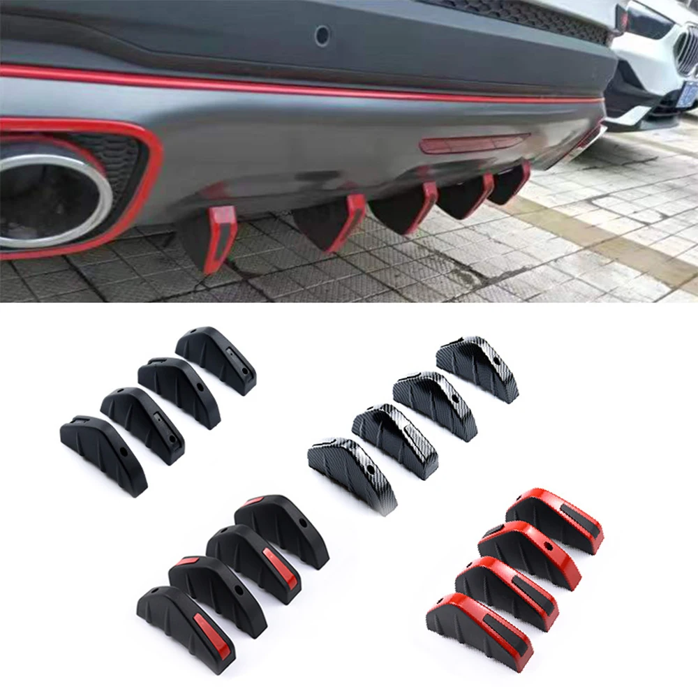 4pcs Red Black Universal Car Carbon Fiber Pattern Modified Shark Fin Rear Spoiler Car Rear Bumper Lip Diffuser Anti-Collision