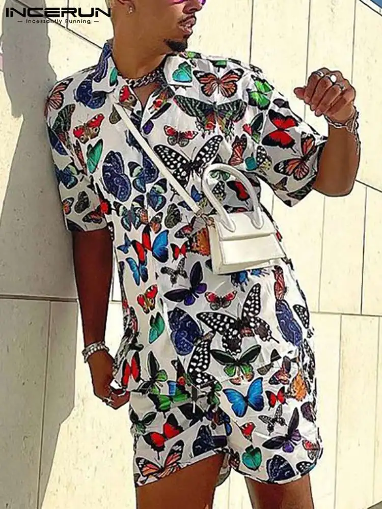 

INCERUN Men Hawaiian Sets Printed Streetwear 2022 Vacation Lapel Short Sleeve Shirt & Shorts Two Pieces Men Casual Suits Summer
