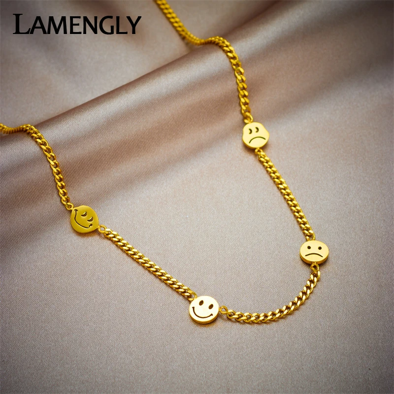 

LAMENGLY 316L Stainless Steel 2-Color Crying Smile Face Choker Necklace For Women New Fashion Girls Clavicle Chain Jewelry Gifts