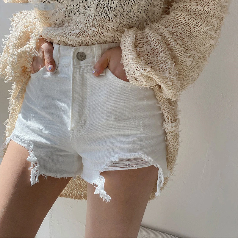 

Stylish Chic High Waist Ripped Tassel A-line Female Jeans Shorts Casual Women Denim Shorts 2021 Summer