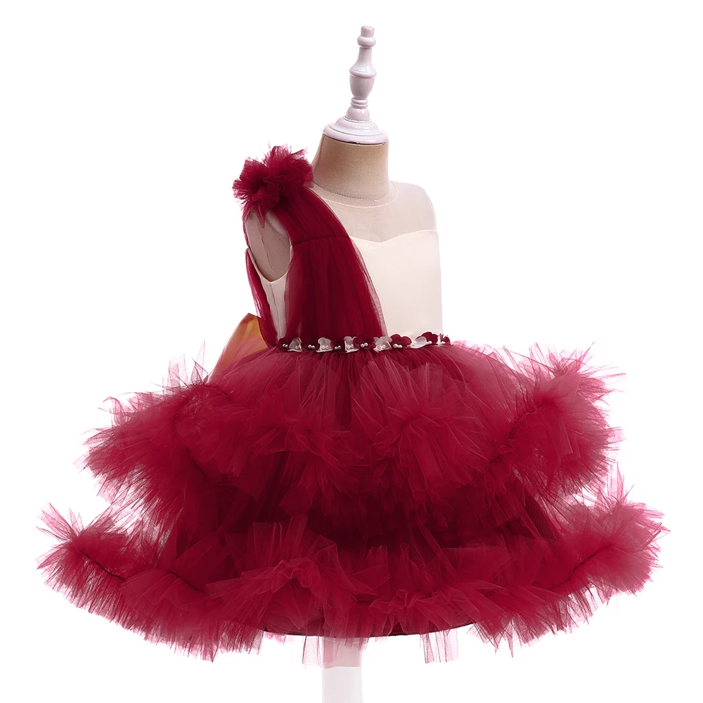 

Fluffy Tulle Girls Flower Birthday Dress Big Bow Wedding Gown Kids Party Princess Red Evening Prom Dress for Girl Summer Dresses