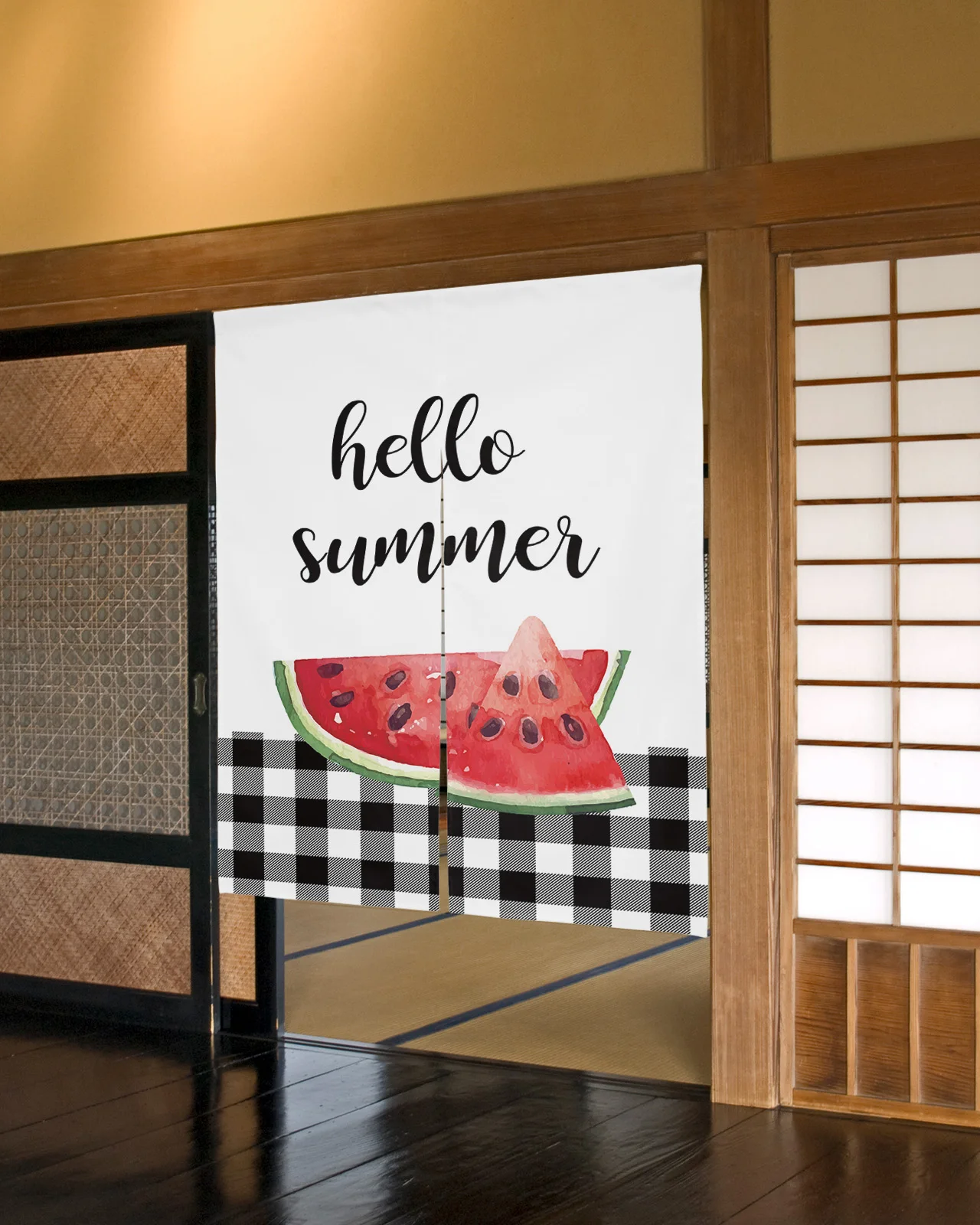 

Fruit Watermelon Black White Plaid Japanese Door Curtain Kitchen Partition Cafe Hanging Decorative Drapes Half-Curtain