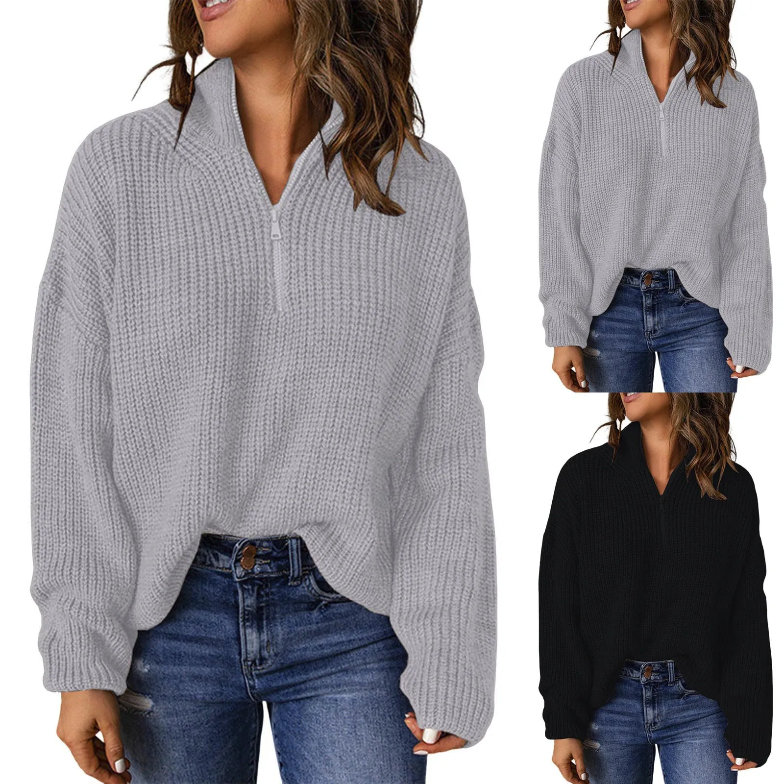 

Женские вязаные свитера с длинным рукавом, Повседневный пуловер на молнии 1/4 с V-образным вырезом, свитера, женские зимние трикотажные джемперы 2023