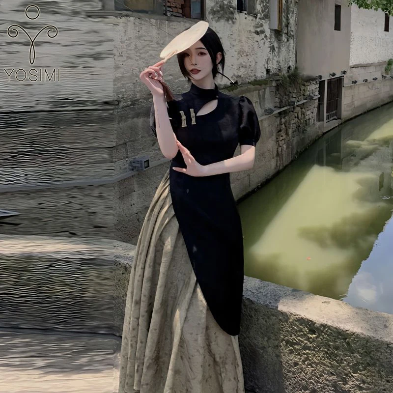 

YOSIMI Chinese Style Qiao Fake Set Dress 2023 Summer Vintage Short Sleeve Black Cheongsam Evening Party Pleat Vestido Elagent