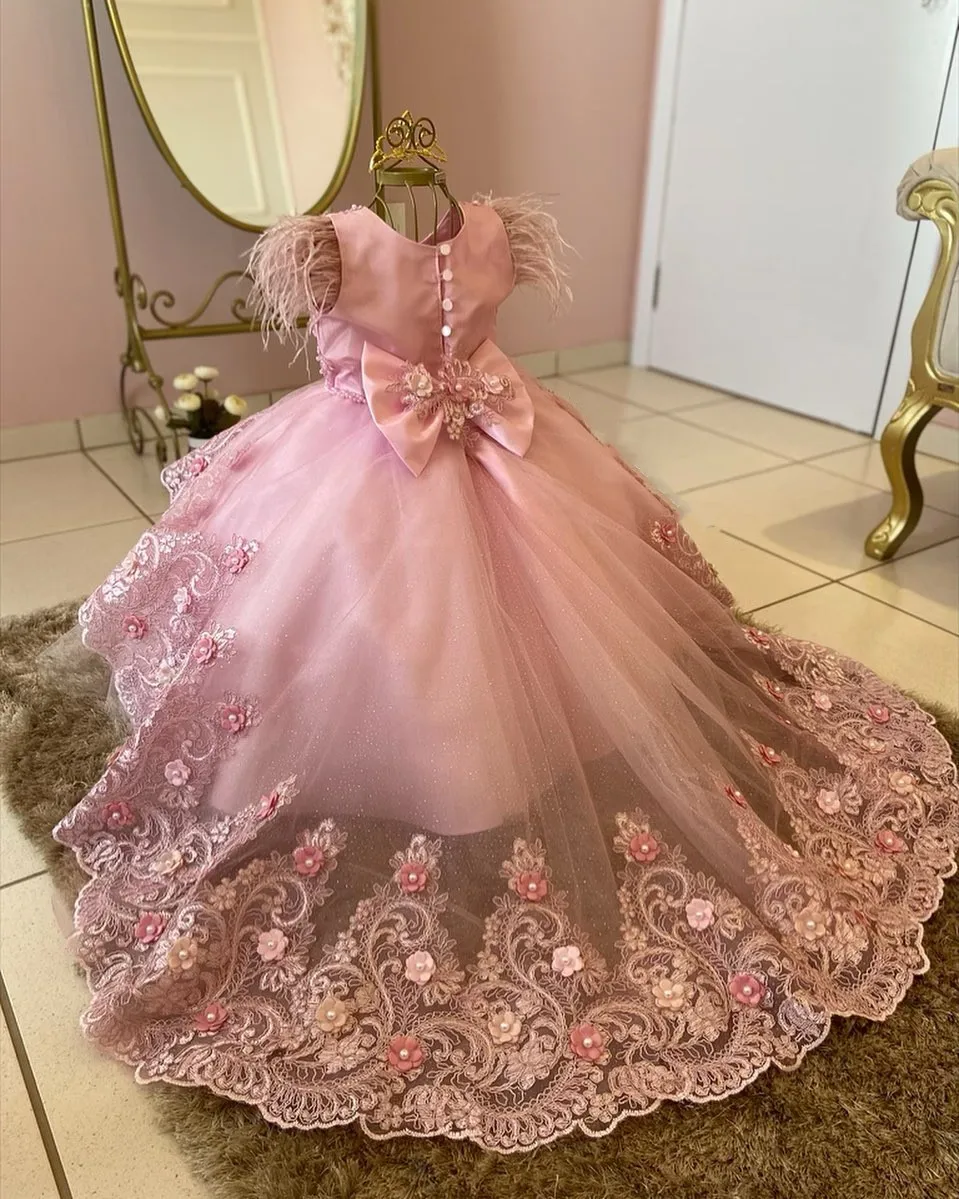 

Пышные платья для девочек с цветами, платье принцессы с рукавами-крылышками и перьями, Тюлевое Пышное Платье для первого причастия, милое детское платье