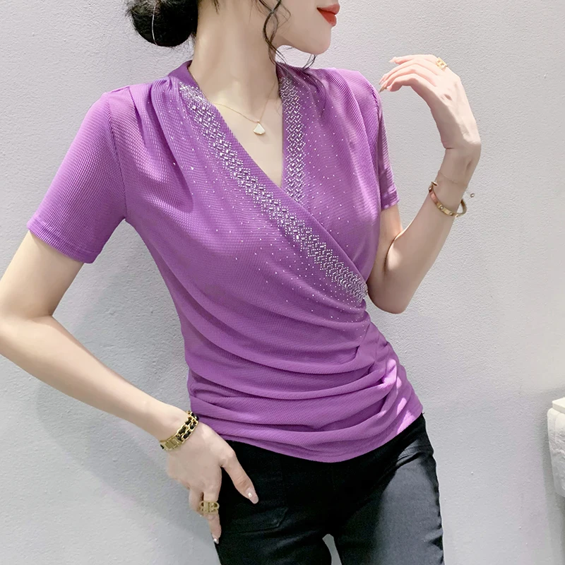 

Женская футболка с драпировкой, Сетчатая футболка с V-образным вырезом и коротким рукавом, в европейском стиле, лето 2023