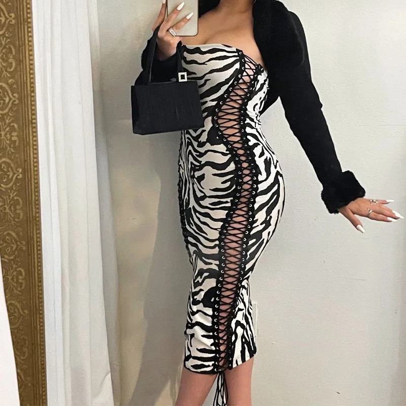 

European And American-StyleinsNight Store Sexy Cutout Lace-up Horizontal Bra Chest-Wrapped Zebra Stripe Sheath Mid-Length Dress