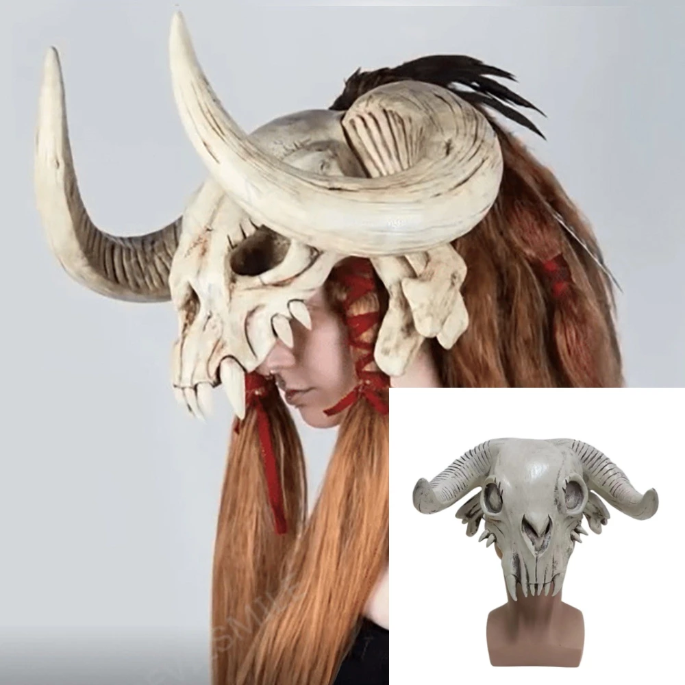 

Skull Cow Head Mask Cosplay Horror Animal Ox Horn Latex Helmet Half Face Headwear Halloween Masquerade Party Costume Prop