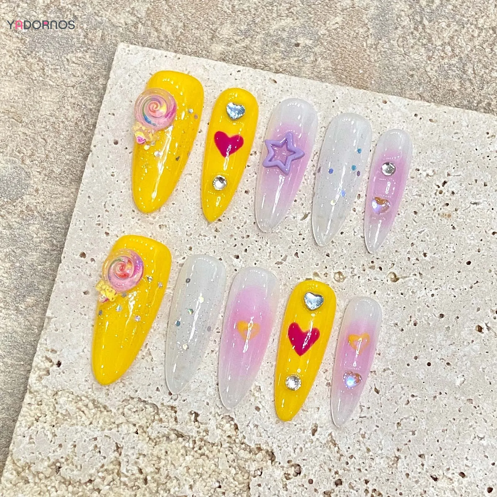 Накладные ногти с длинным миндалем желтые румяна розовый ручная работа