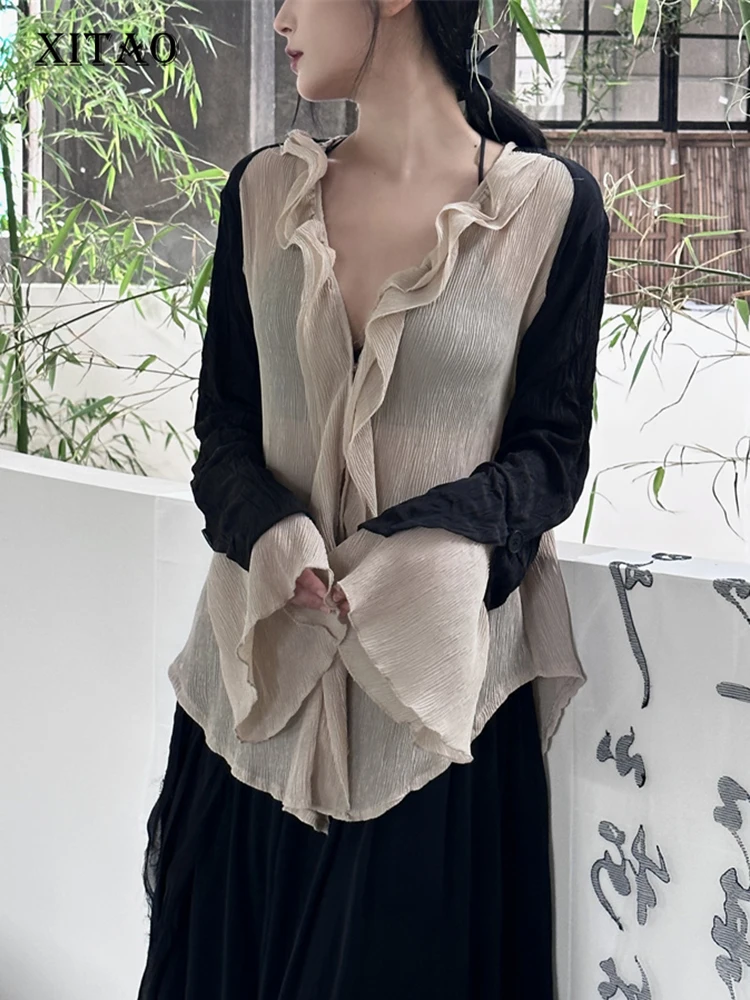 

XITAO Patchwork V-neck Flare Sleeve Shirt Casual Fashion Irregular Pleated 2023 Autumn Women Temperament Shirt Top HQQ1184