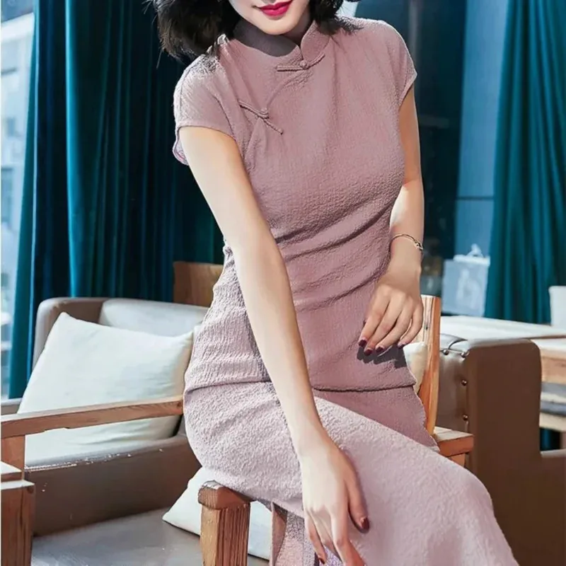 Фото 2023, традиционное китайское платье Cheongsam для женщин и девочек, хлопковое льняное платье в стиле ретро, облегающее сексуальное короткое винтажное платье qipao khj №4