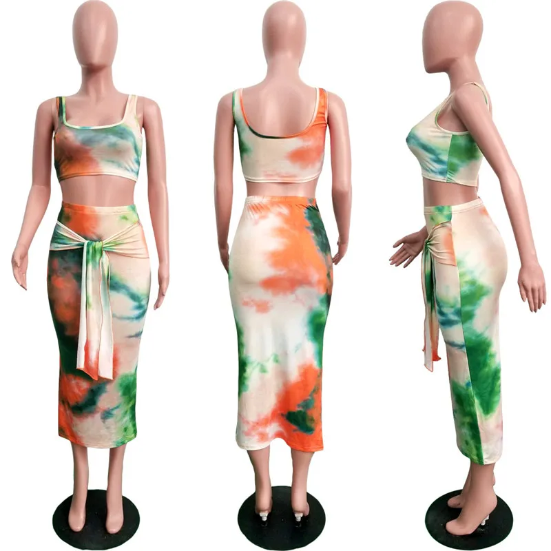 Summer 2 Piece Set Women 2022 Crop Top T Shirt and Bodycon Skirt Tie Dye Print Sexy Two Dress Outfits for |