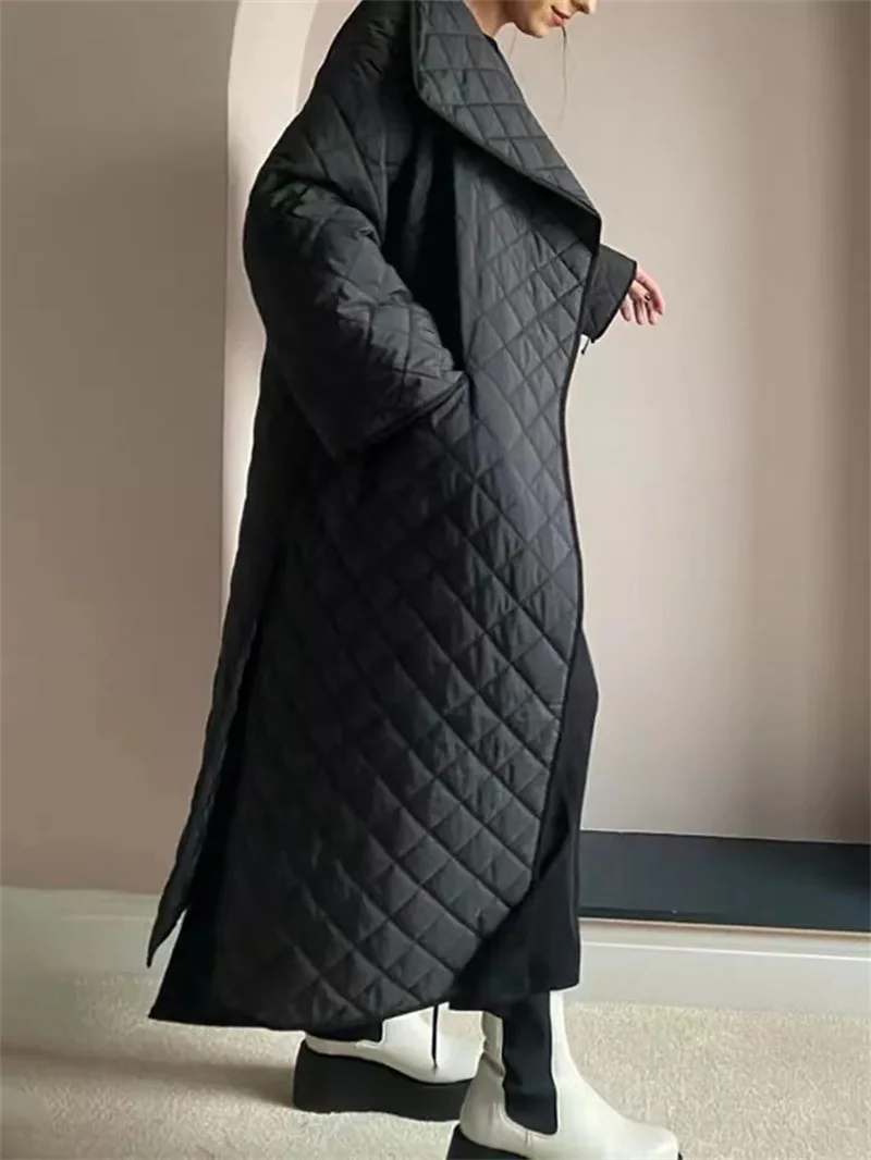 Black Patchwork Argyle Parkas for Women Lapel Long Sleeve Side Split Casual Loose Cotton Coat Female Fashion Winter