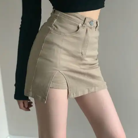 Xpqbb Khaki Women Denim Short Skirts Korean High Waist Anti-Glare Mini Skirt Woman 2023 Spring Summer Sexy Package Hip Skirt