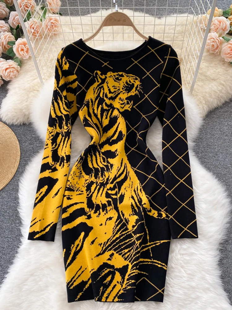 

Vintage Knitted Sweater Long Sleeve Dresses Women Slim Bodycon Korean Elegant Fall Winter Crew Neck Sweater Mini Lady Dress