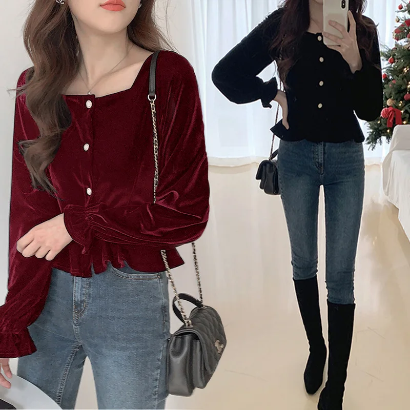 

Black Square Neck Top Women's Light Familiar French Minority Long Sleeve High Waist Bubble Sleeve Golden Velvet Shirt Fashion