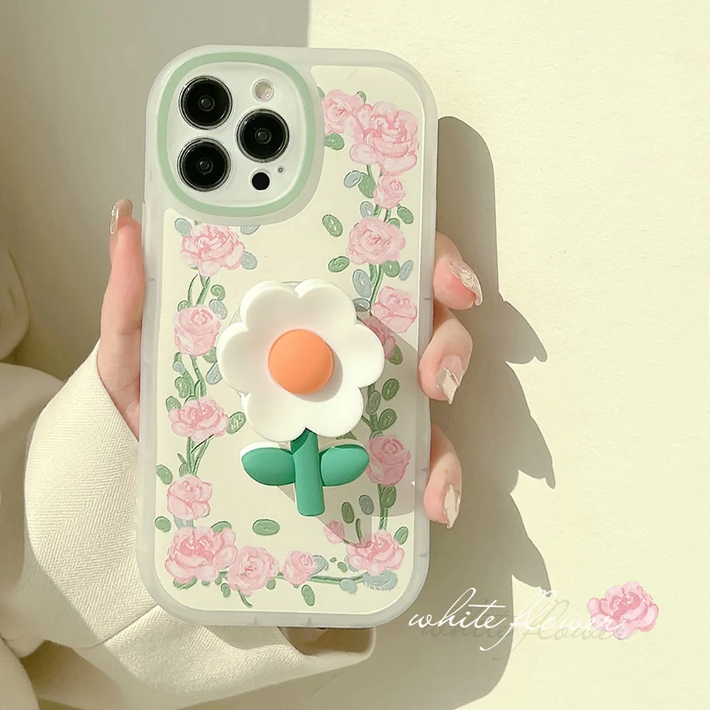 

3D Pink Rose White Flower Bracket Stand Holder Phone Case For iPhone 13 12 11 Pro Max Retro Sweet Art Painting Protective Cover