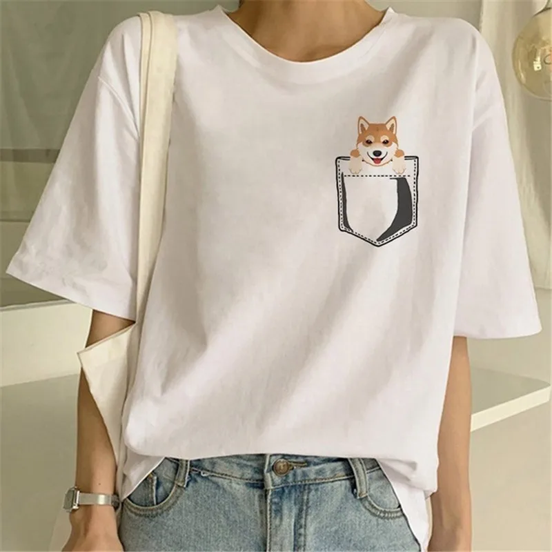 

Pocket Shiba Inu T Shirts Women Kawaii Printed Tshirt Funny Graphic Tee Shirts Clothing Tops Harajuku Ulzzang T-shirt Female