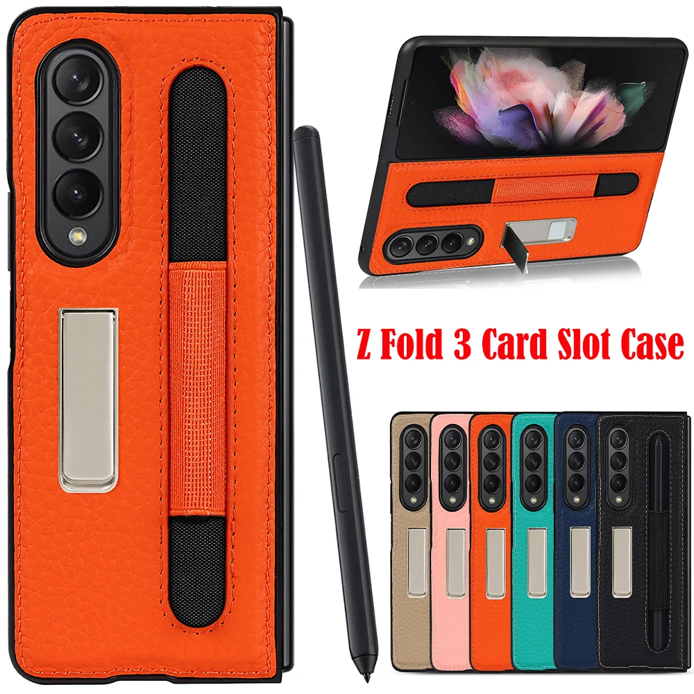 

Роскошный чехол 2 в 1 из натуральной кожи личи для Samsung Z Fold 3, чехол для телефона с S-слотом для ручки, держателем, магнитной подставкой, кронштейном, армированной крышкой