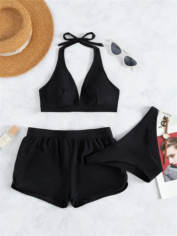

Swimwear Women Swimsuit Bikini 2023 New Three Pieces Solid Black High Waist Bathing Suit Female Shorts Summer Bikinis Set Beach