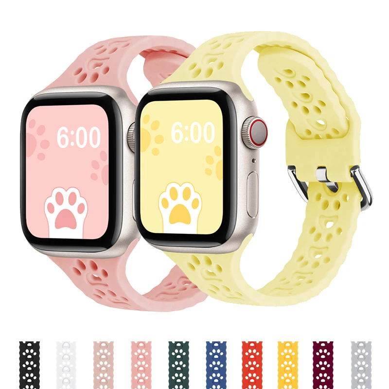 

Strap for Apple Watch Band 45mm 41mm 44mm 40mm 42mm 38mm Cat Paw Hollow Breathable Silicone Bracelet iWatch Series 6 5 4 SE 7