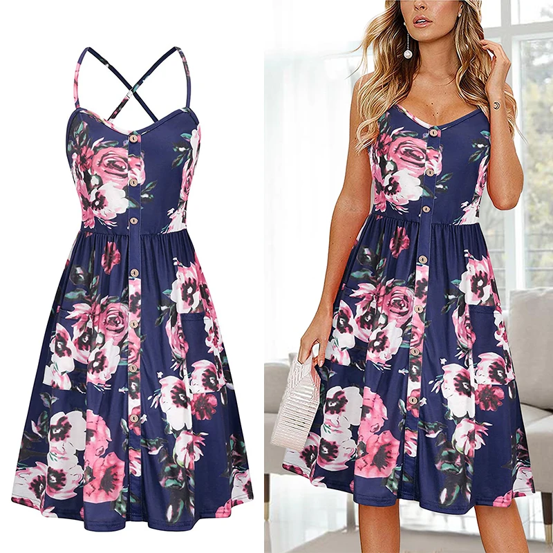 

Dresses For Women V Neck Suspenders Midi Dress Floral Chic And Elegant Woman Dress With Pockets Female Dress Clothes Summer