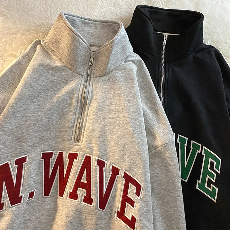

Vintage Hoodie Retro Niche Design Half Zipper High Neck Sweatshirt Women Spring Letters Embroidery Polo Shirt Long Sleeve Tops