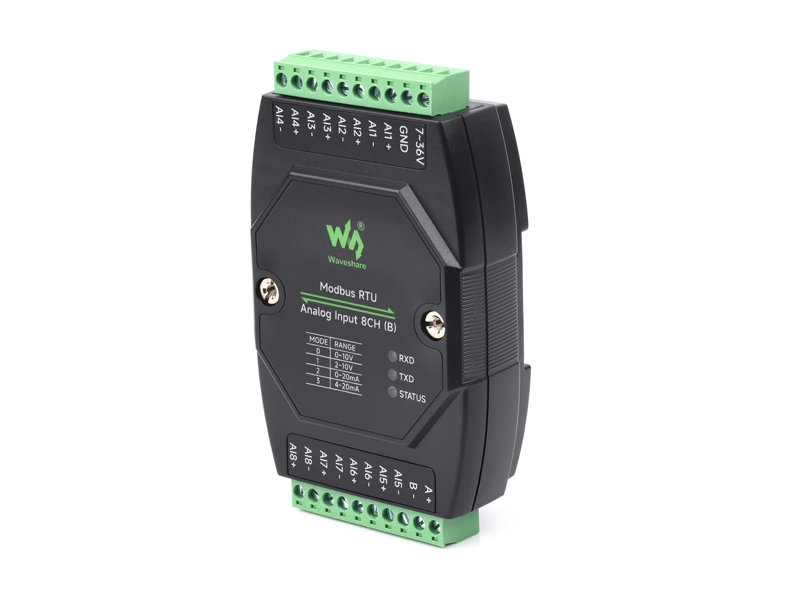 Фото Промышленный аналоговый вход Waveshare Modbus RTU, 8 каналов, Modbus RTU, 12-битный высокоточный, поддерживает сбор напряжения и тока №4