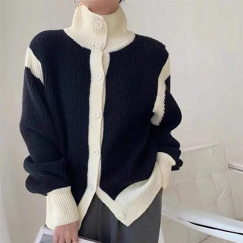 

Women Autumn Turtleneck Knitted Cardigan Sweater Female Contrast color Knit Sweaters Long Sleeve Fashion Loose Tops