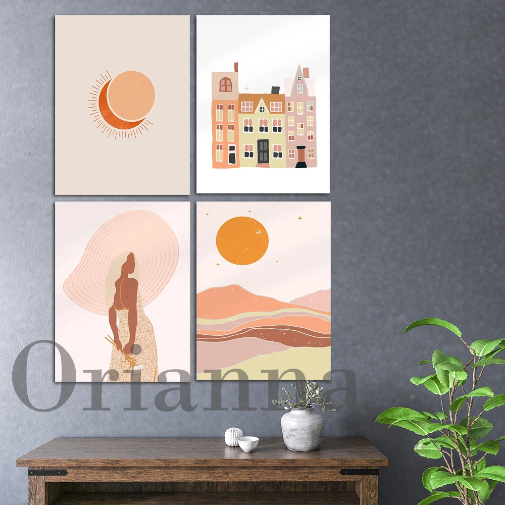 Desert Sun House And Girl Orange Boho Wall Art постеры печати на холсте Современная гостиная спальня