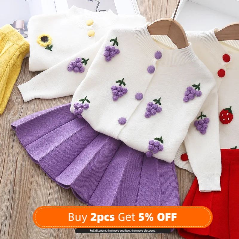 

2020 New Style Girls Christmas Autumn Clothing Knitted Piece GIRL'S Cute Sweater Suit Skirt Warm Cardigan Pleated Skirt Girl Set