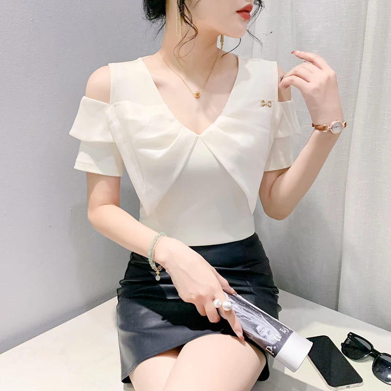 Европейские товары сочетающаяся Цвет Футболка с бантом и открытыми плечами