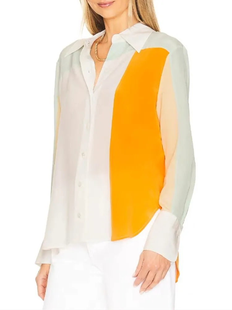 

Color Patchwork Women Fresh Shirt 100% Silk Turn-down Collar Long Sleeve Female Simple Blouse Top 2023 Autumn