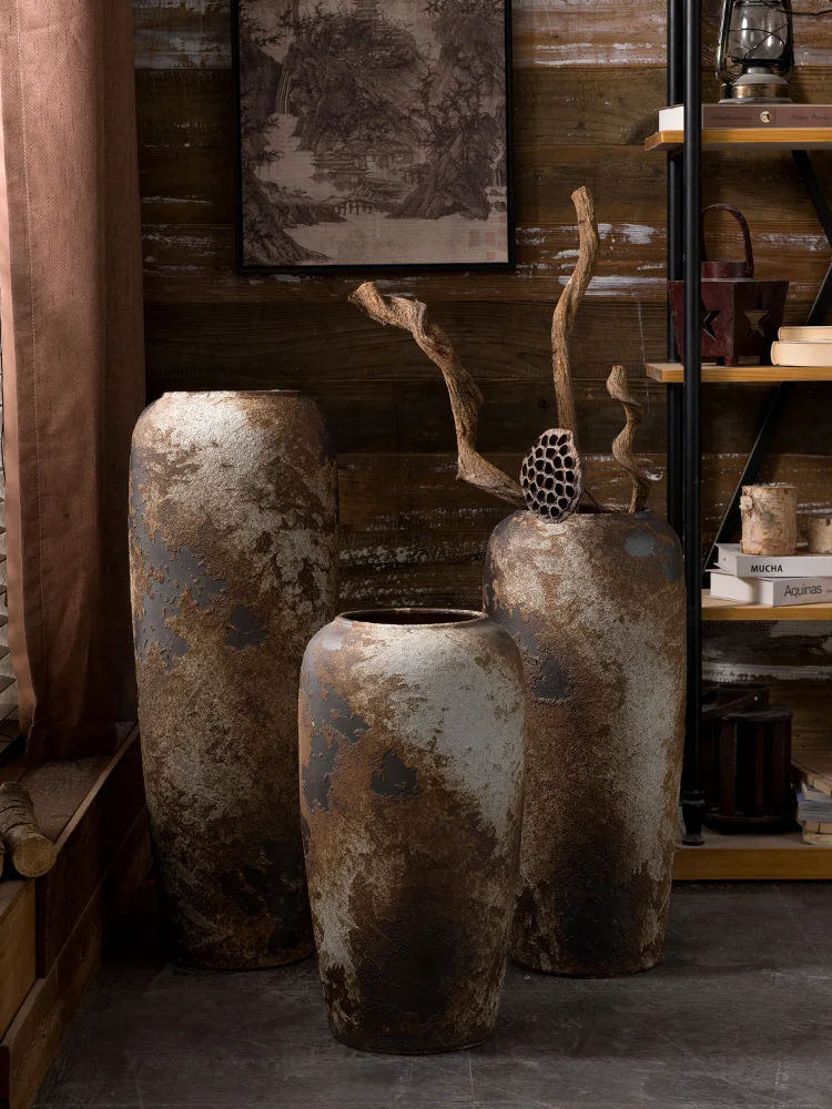 

Jingdezhen New Chinese Ceramic Floor Vase Courtyard Living Room Decoration Mottled Distressed Crude Pottery Pot