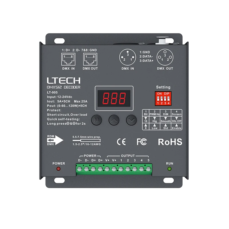 

LTECH DMX Decoder DC12-24V Input;5A/CH 5 Channel Output RGB RGBCY Strip Use DMX512 Slave XLR-3 / RJ45 Led Screen Display LT-905