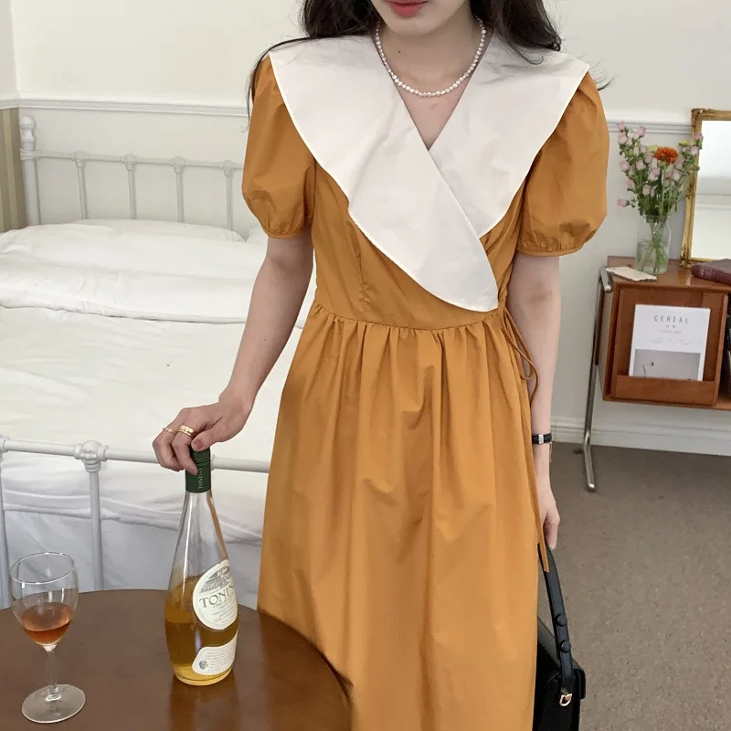 

French Ruffled Contrast Color Lace-up One-Piece Dress Women Summer Slim-waist Puff Sleeve Midi Dress Vestidos De Verano Mujer