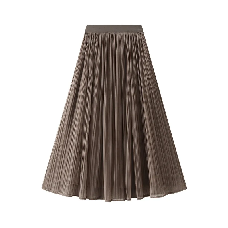 

Женская сетчатая юбка с завышенной талией, длинная трапециевидная двойная плиссированная юбка с высокой талией для осени и зимы