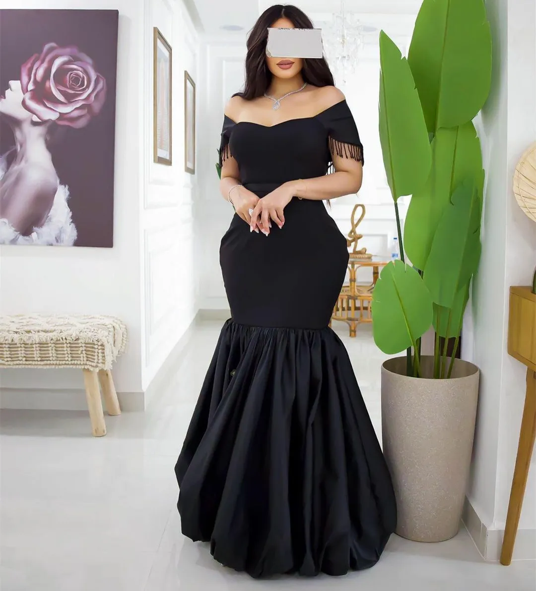 

Elegant Long Black Beaded Evening Dresses فساتين السهرة A-Line Pleated Floor Length Prom Dress Robe de soirée for Women