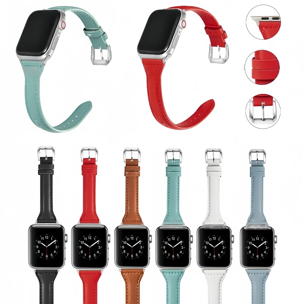 Фото Кожаный тонкий ремешок для IWatch для умных часов Apple, 22/38/40/41/42/44/45/46/49 мм, браслет iWatch, распродажа Black Friday №5