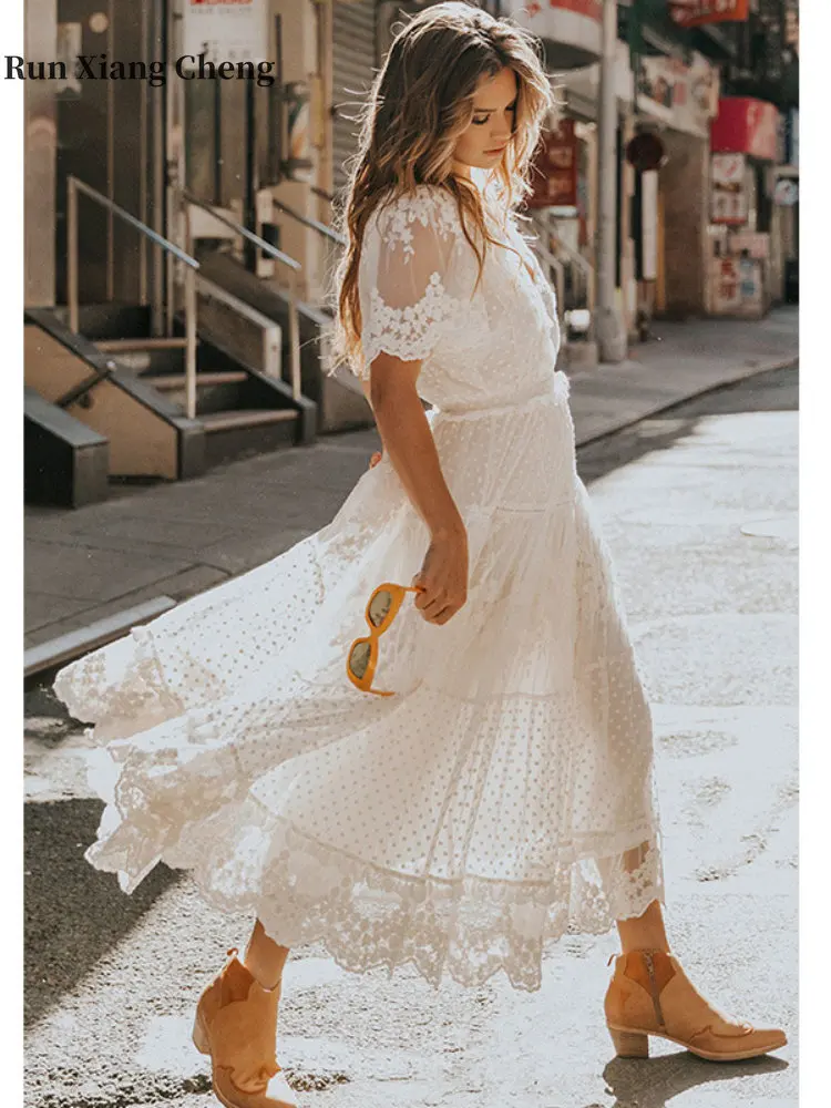 

Women's Dress 2023 Summer Fashion New V-neck White Short-sleeved Lace Pretty Chic and Elegant Vintage Party Holiday Long Dress
