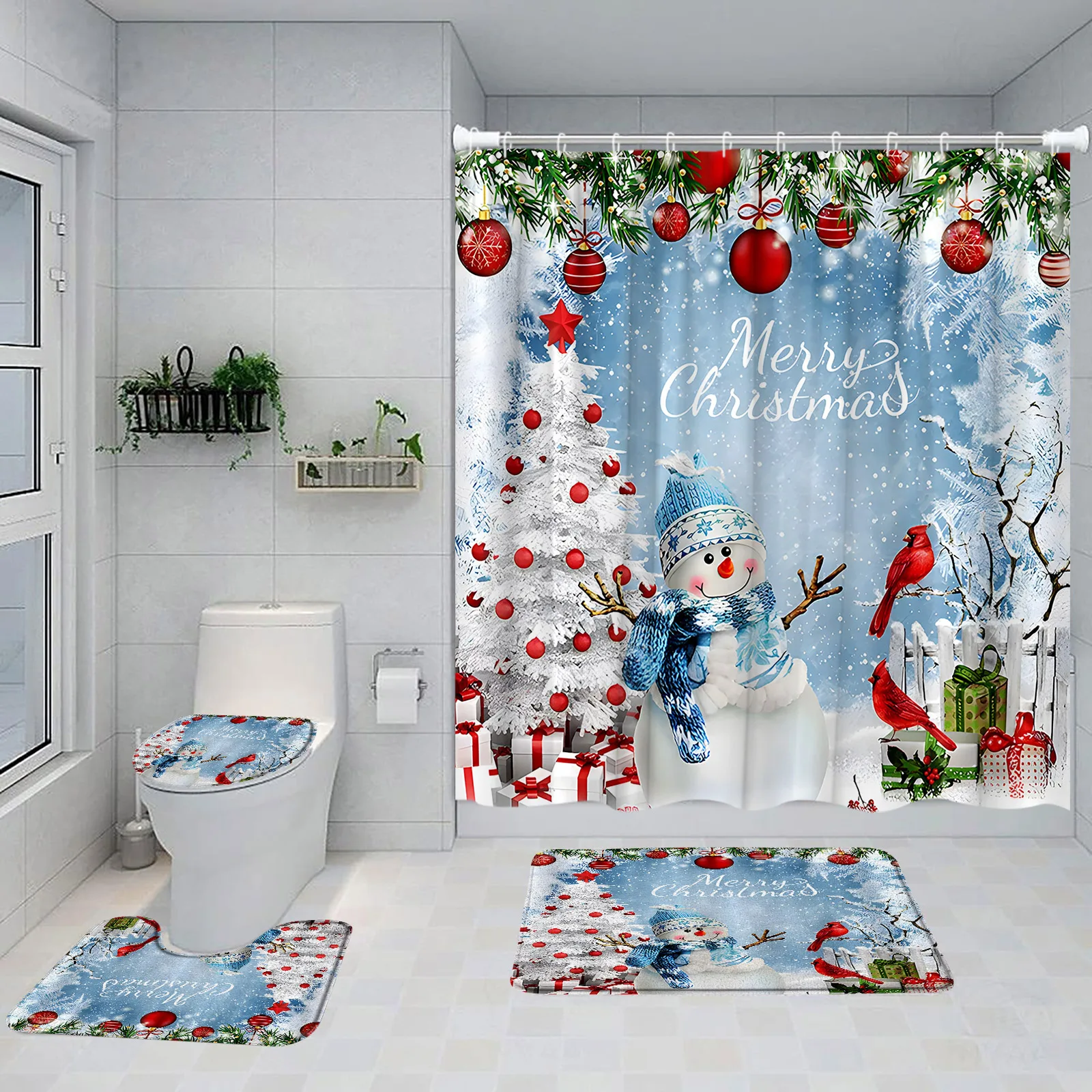 Рождественский комплект штор для душа Снеговик Рождественские елки Красный