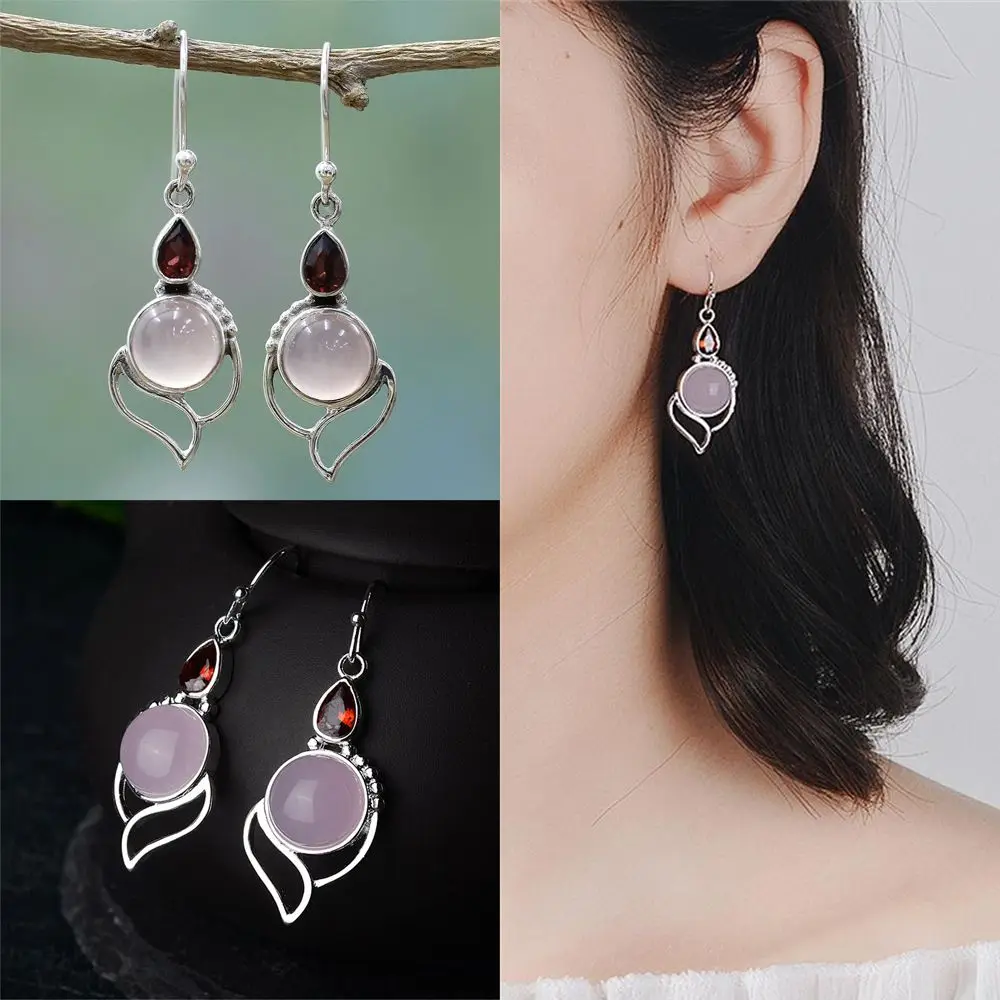 

Charm gift Dangle Hook Chic Moonstone Earrings Garnet Ruby Chalcedony Opal Stone Multi-Gemstone Ear Stud