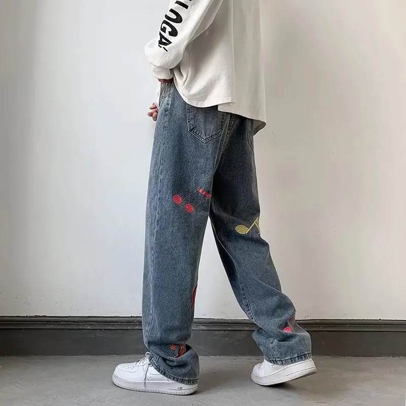 2022 New Fashion Musical Note Embroidery Straight Men Baggy Jeans Trousers Hip Hop Vintage Denim Pants Elegant Pantalones Hombre